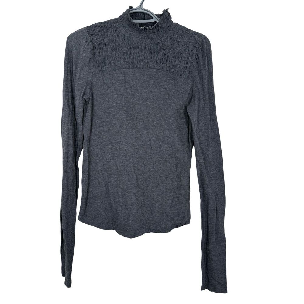 Free People Womens Gray High Neck T Shirt Sz M Long Sleeve Boho Basic Smocked